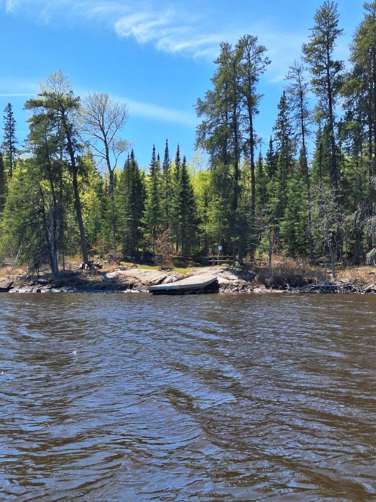 A small rocky shoreline at Bobber Bay is bordered by tall evergreen trees under a blue sky, viewed from across a rippling lake. A canoe is pulled up onto the rocks near the forest edge, hinting at peaceful campsites nearby. | Rainy Lake, MN