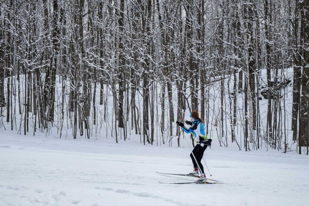 A person wearing winter sports gear cross-country skis through a snowy forest with bare trees, surrounded by a blanket of snow in Minnesota. | Rainy Lake, MN