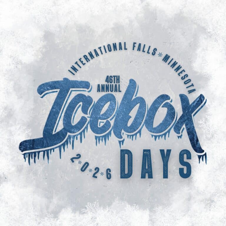 Logo for the 46th Annual Icebox Days in International Falls, Minnesota, featuring large icy blue text with icicles and a frosty background. The year 2026 appears in the design, highlighting Minnesota’s chilly charm near Rainy Lake. | Rainy Lake, MN