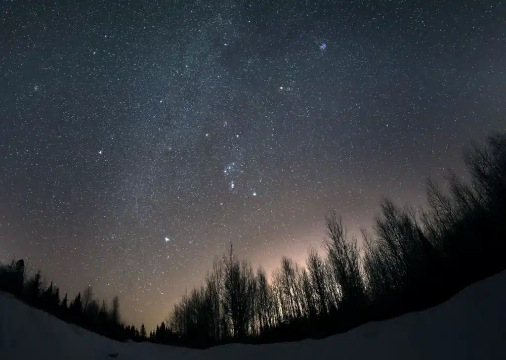 A clear, dark sky filled with stars, including the Orion constellation, shines above a snowy landscape with silhouettes of leafless trees and a faint glow near the horizon—a reminder of the beauty worth preserving during International Dark Sky Week. | Rainy Lake, MN