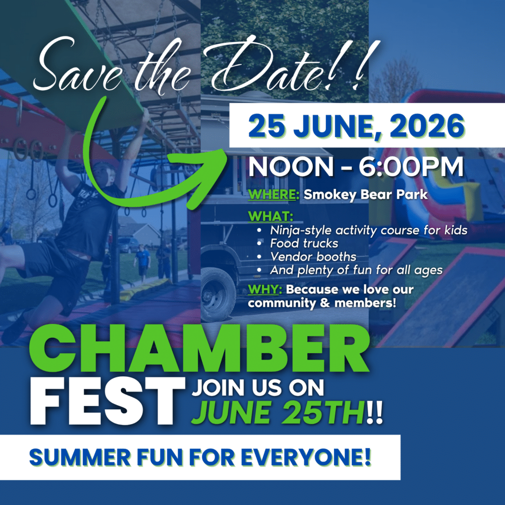 Save the Date graphic for Chamber Fest on June 25, 2026, noon to 6 PM at Smokey Bear Park, featuring ninja-style activity course, food trucks, vendor booths, and family activities; background shows kids playing. | Rainy Lake, MN