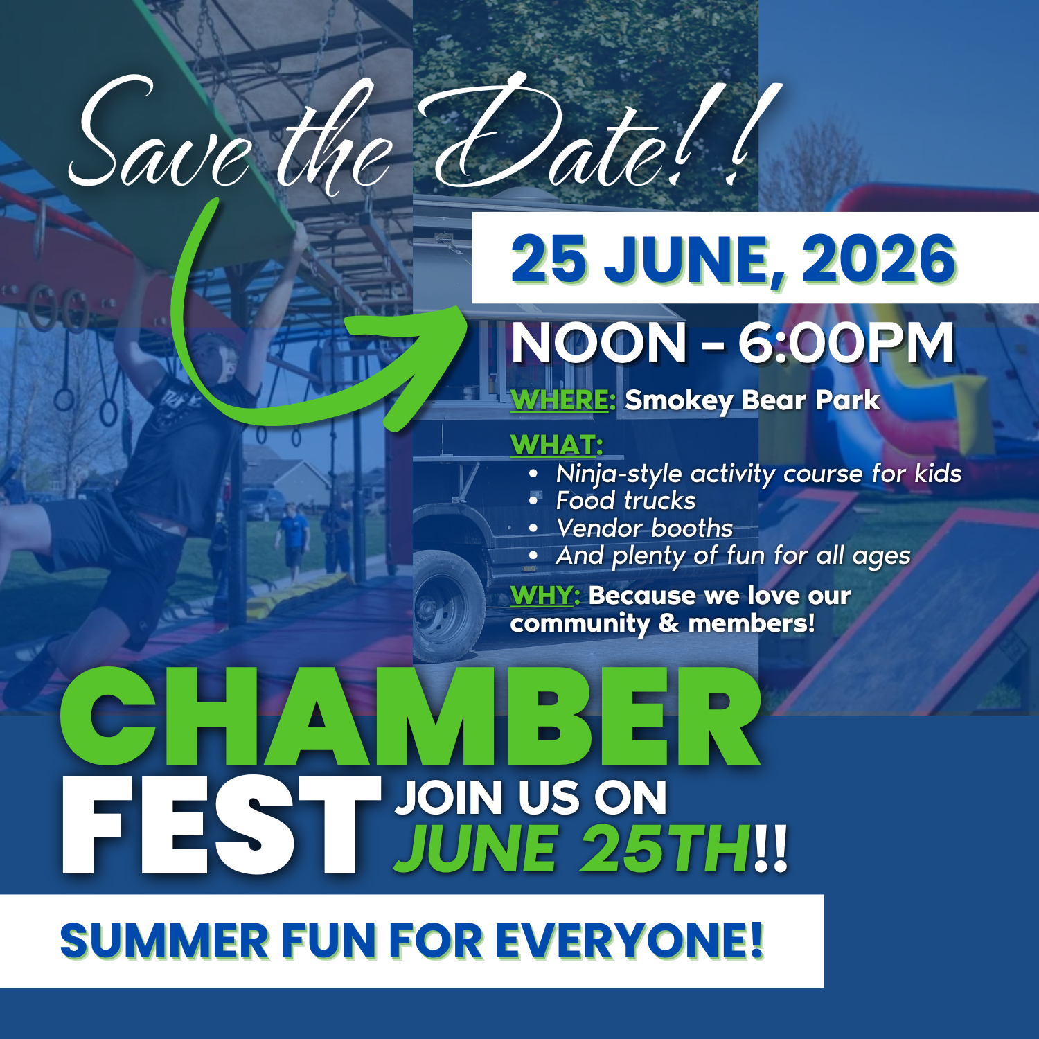 Save the Date graphic for Chamber Fest on June 25, 2026, noon to 6 PM at Smokey Bear Park, featuring ninja-style activity course, food trucks, vendor booths, and family activities; background shows kids playing. | Rainy Lake, MN