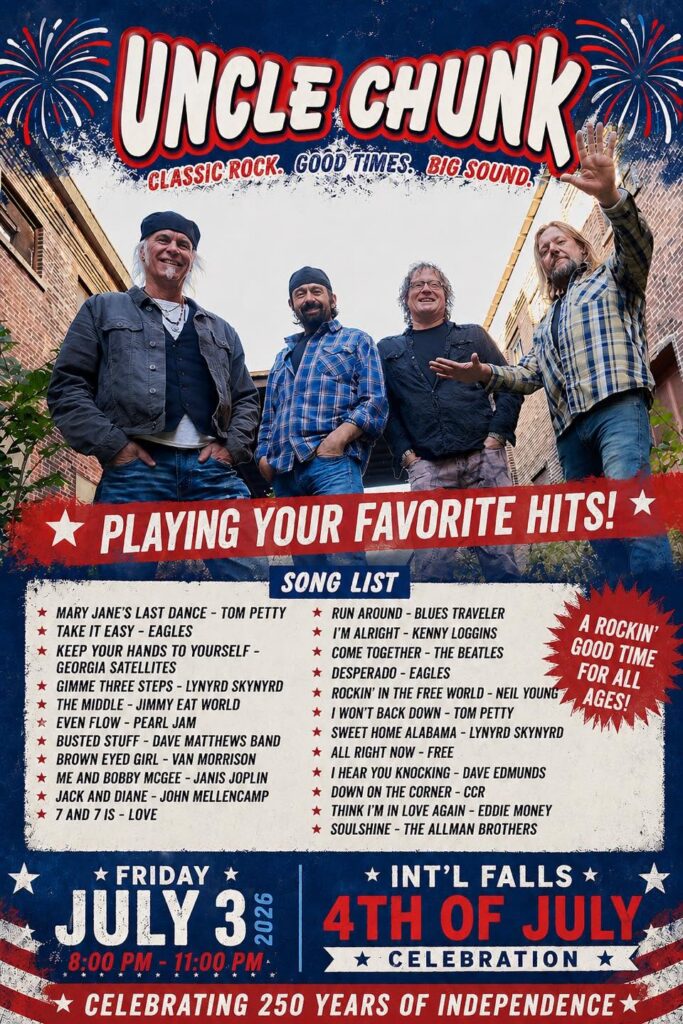 Poster for a 4th of July celebration featuring the band Uncle Chunk. Four men pose in front of a red barn. Enjoy Family Fun, fireworks, a song list, and event details: July 3, 8–11 PM, International Falls—celebrating 250 years of independence. | Rainy Lake, MN