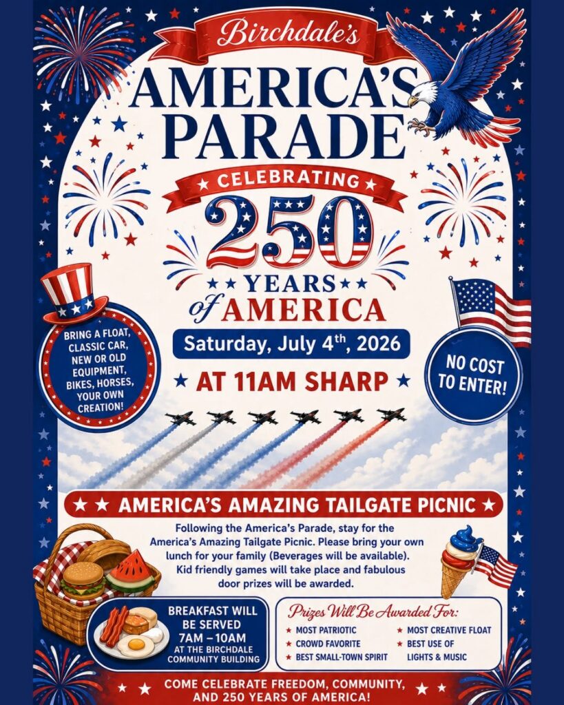 Patriotic poster for “America’s Parade—Celebrating 250 Years of America” on the 4th of July, 2026, at 11 am. Family fun with picnic details, breakfast info, prize categories, and images of an eagle, jets, flags, and balloons. | Rainy Lake, MN
