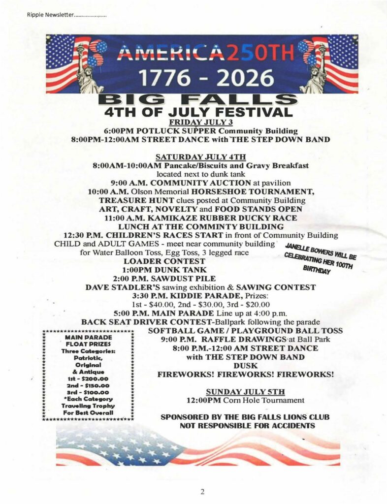 Flyer for Biggsville's 250th America 4th of July Festival, featuring fireworks, a potluck, parade, games, live music, contests, and tournaments—two days of family fun on July 3rd and 4th, 2026!. | Rainy Lake, MN