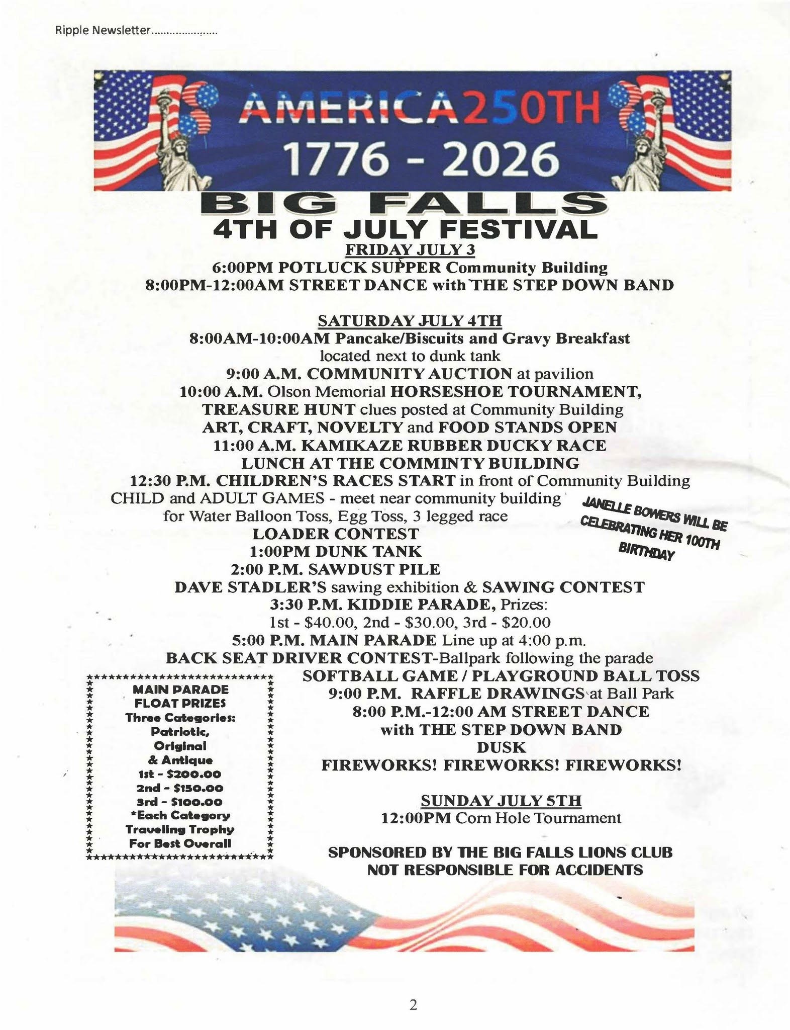 Flyer for Biggsville's 250th America 4th of July Festival, featuring fireworks, a potluck, parade, games, live music, contests, and tournaments—two days of family fun on July 3rd and 4th, 2026!. | Rainy Lake, MN