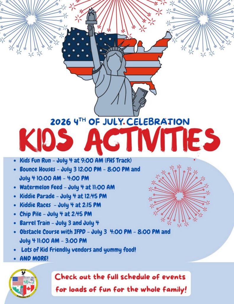 Colorful flyer for the 2026 4th of July celebration featuring a Statue of Liberty graphic, dazzling fireworks, and a schedule packed with kids’ races, parade, bounce houses, and more family fun events. | Rainy Lake, MN