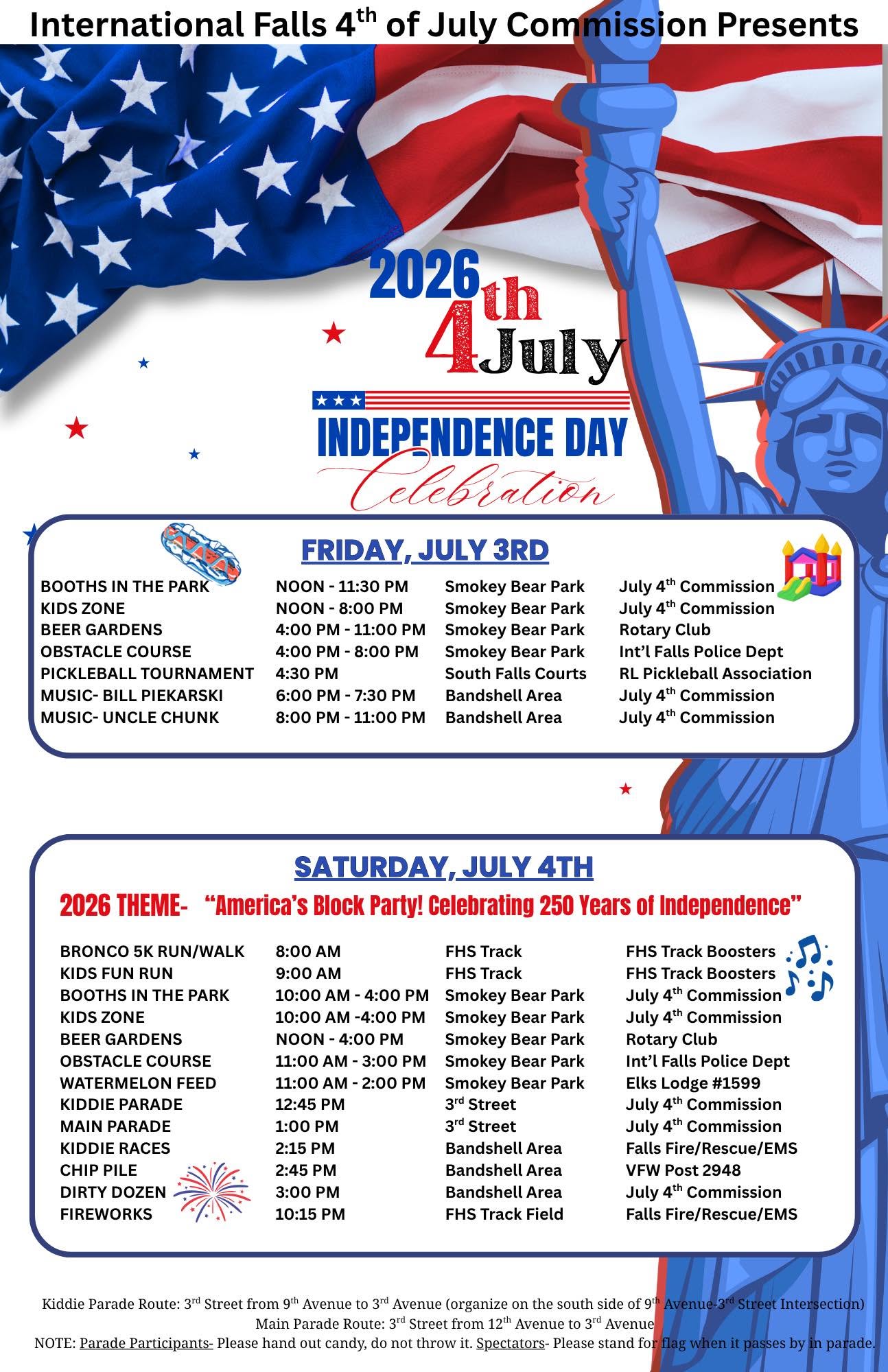 Schedule poster for International Falls 2026 4th of July events, highlighting Family Fun and fireworks. Lists activities and times for July 3–4 with a patriotic theme, Statue of Liberty, and US flag graphics. | Rainy Lake, MN