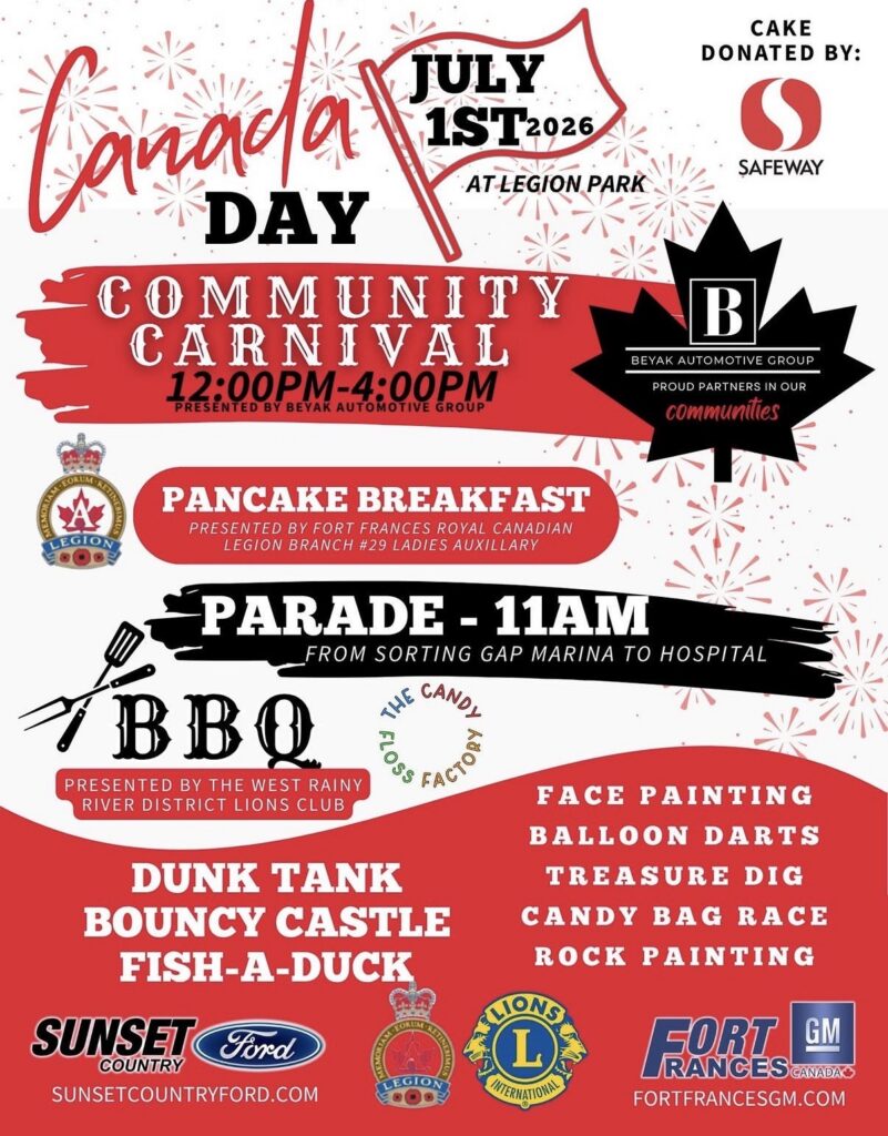 Canada Day Community Carnival poster for July 1, 2026, at Legion Park. Enjoy family fun with a pancake breakfast, parade, BBQ, games, kids’ activities—and dazzling fireworks! Event times, sponsors, and donor logos are also displayed. | Rainy Lake, MN