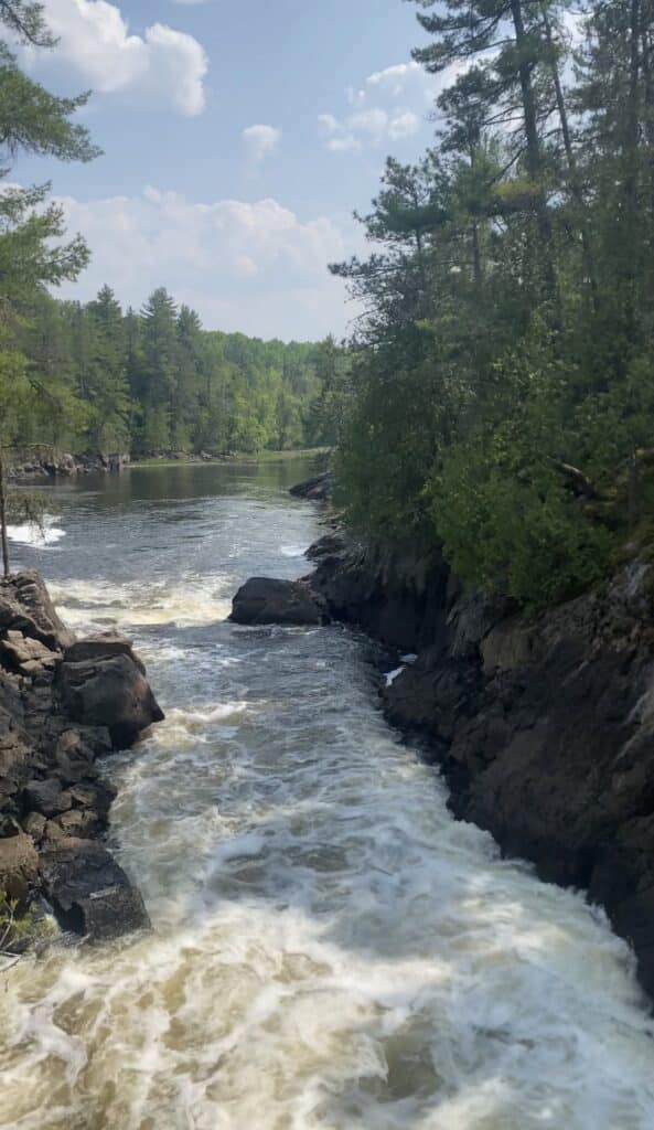 A river flows rapidly between rocky banks lined with dense green trees near International Falls MN, opening into a calm, wider section under a partly cloudy sky. The scene is natural and serene, with sunlight highlighting the water and foliage. | Rainy Lake, MN