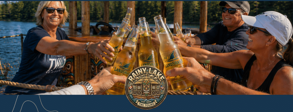 A group of smiling adults in sunglasses clink bottles of Landshark beer together on a boat during a Rainy Lake Tiki Tours adventure, with trees and water in the background. The Rainy Lake Tiki Tours logo appears at the bottom. | Rainy Lake, MN