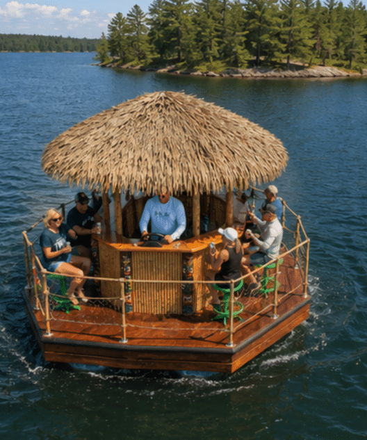 A group of people sits around a tiki bar on a floating wooden platform with a thatched roof, relaxing on Rainy Lake surrounded by trees and a rocky shoreline—perfect for memorable Tiki Tours. | Rainy Lake, MN