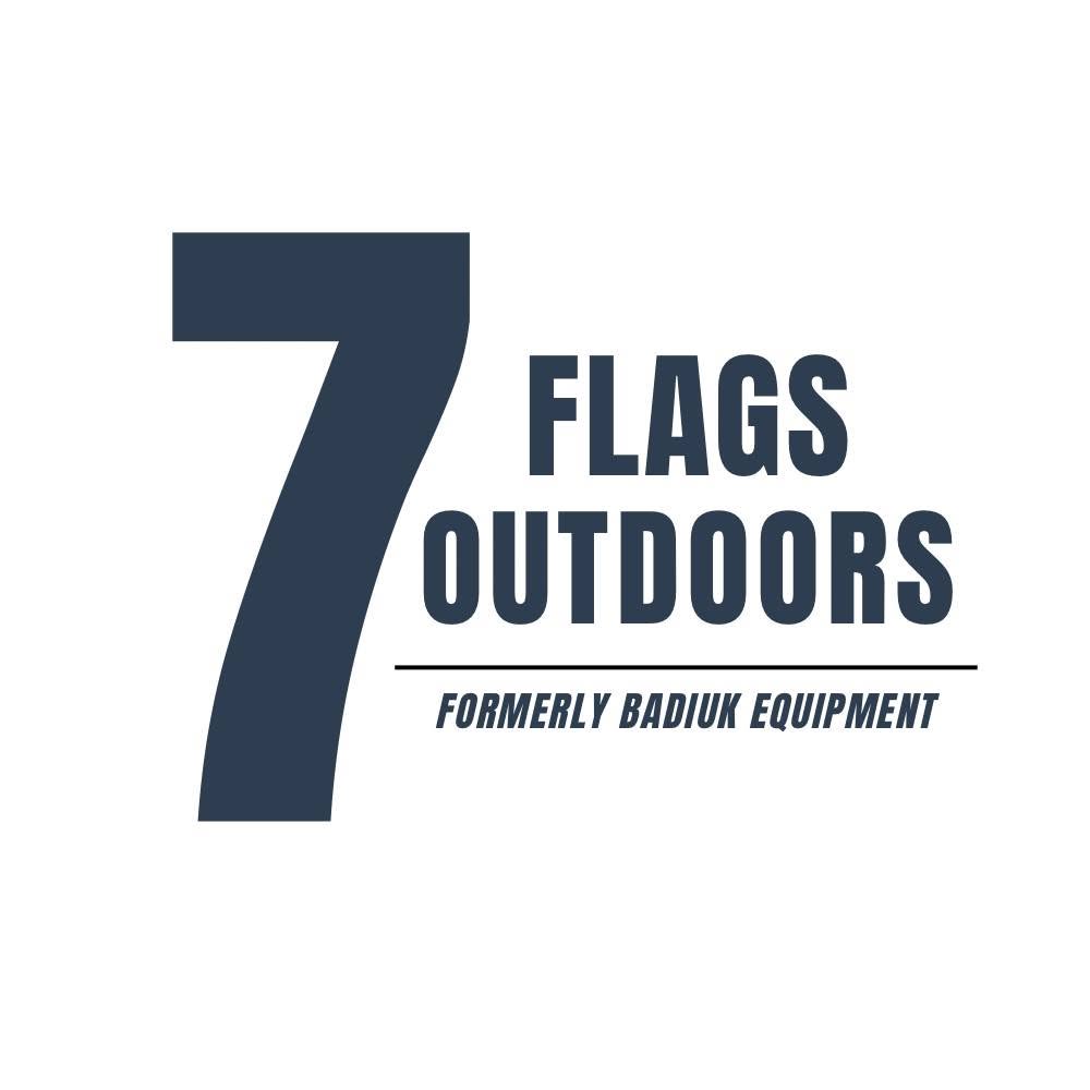 Large blue "7" next to text "FLAGS OUTDOORS" and "FORMERLY BADIUK EQUIPMENT" in capital letters, with a horizontal line separating the phrases, all on a white background. | Rainy Lake, MN