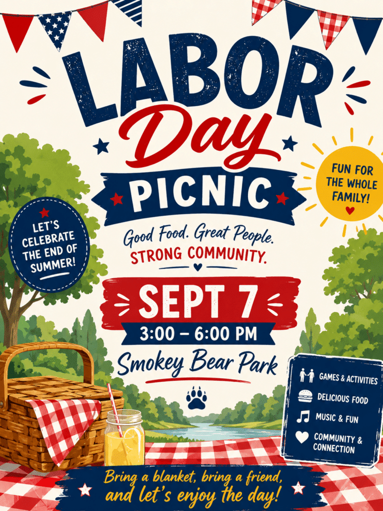 Colorful Labor Day Picnic flyer featuring a vibrant red-and-white picnic scene, lively event details, and festive banners. Includes the date (Sept 7), time, location, and highlights family fun, food, music, and games—perfect for celebrating with loved ones at this special Labor Day gathering. | Rainy Lake, MN