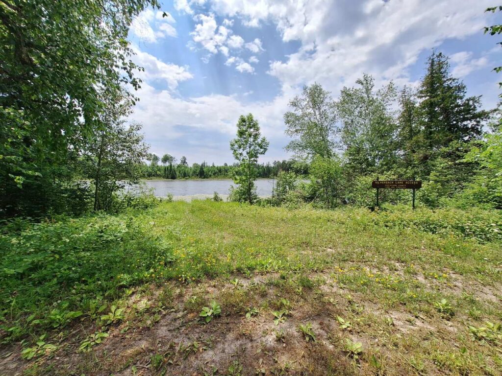 A grassy clearing with wildflowers leads to Silversack Lake, a calm lake surrounded by trees under a partly cloudy sky. A wooden sign stands on the right side near the water’s edge, marking designated lake access. | Rainy Lake, MN