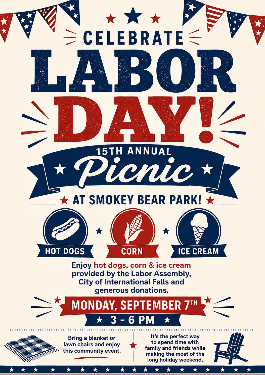 Patriotic poster for a 15th Annual Labor Day Picnic at Smokey Bear Park, featuring images of hot dogs, corn, and ice cream, event details, and decorative red, white, and blue banners. | Rainy Lake, MN