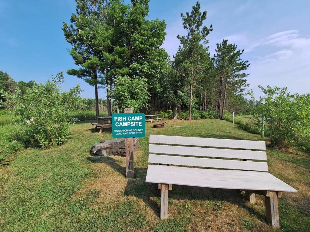 A white bench sits near a green “Fish Camp Campsite” sign surrounded by grass, trees, and shrubs under a blue sky. | Rainy Lake, MN