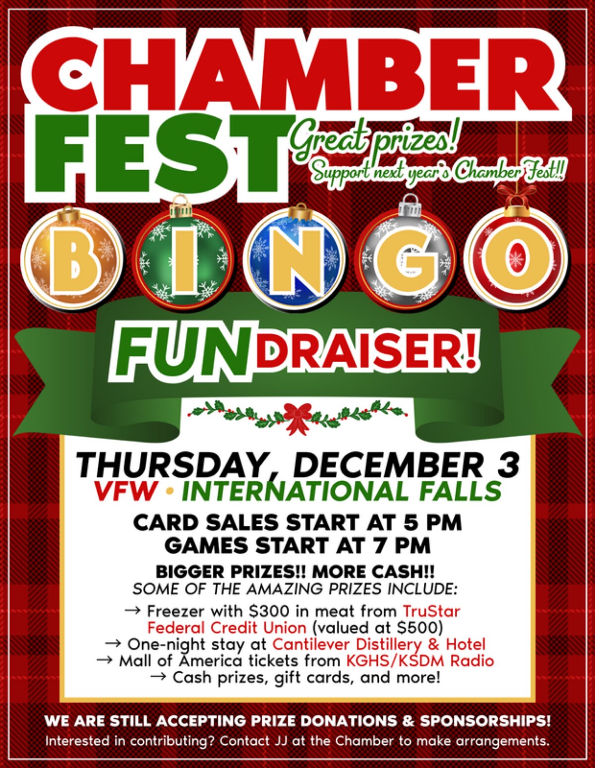 Chamber Fest Bingo fundraiser flyer for Thursday, December 3, at the VFW in International Falls, listing event times and prize information. | Rainy Lake, MN